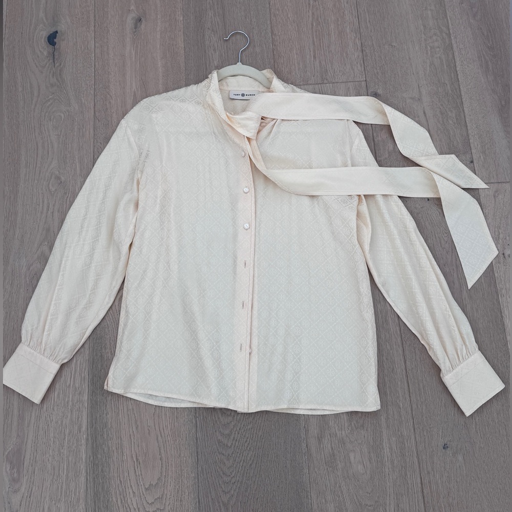 Tory Burch Monogram Silk Cream Women's Blouse Size 4